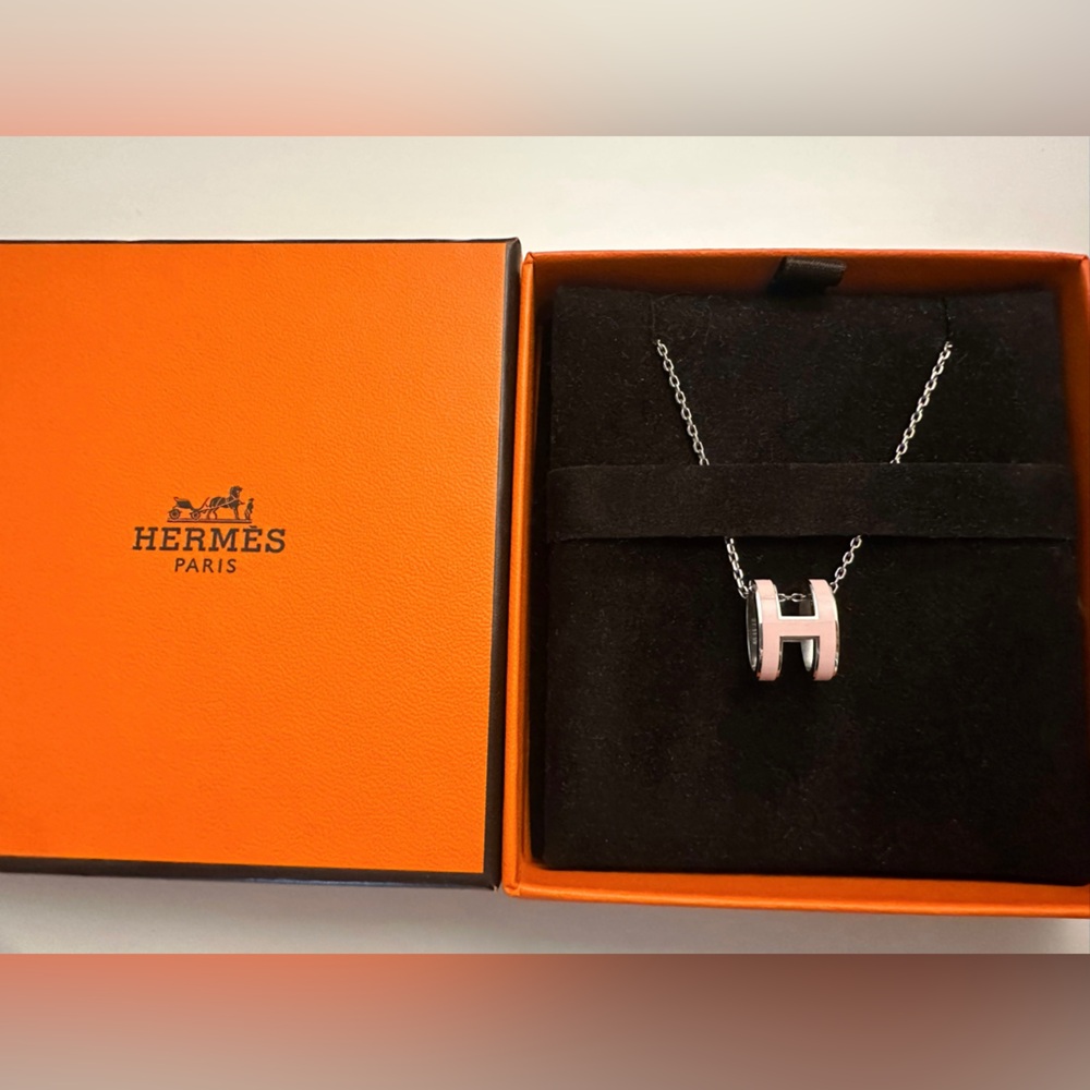 Hermes Silver Necklace with Pink 'H' Pendant